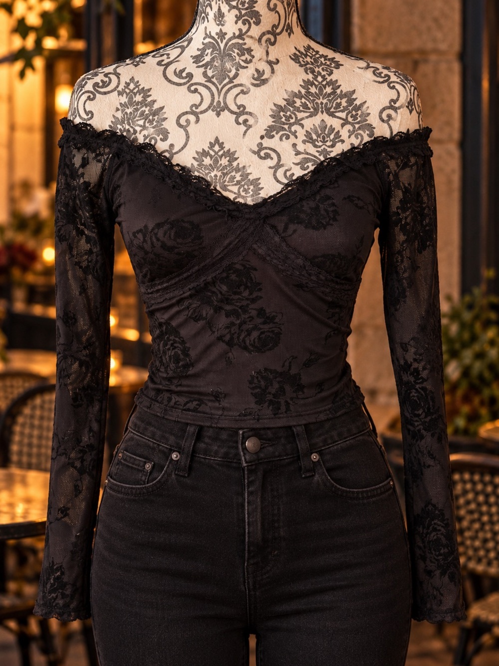 Windsor Black Floral Jacquard Lace-Trim Long Sleeve Top